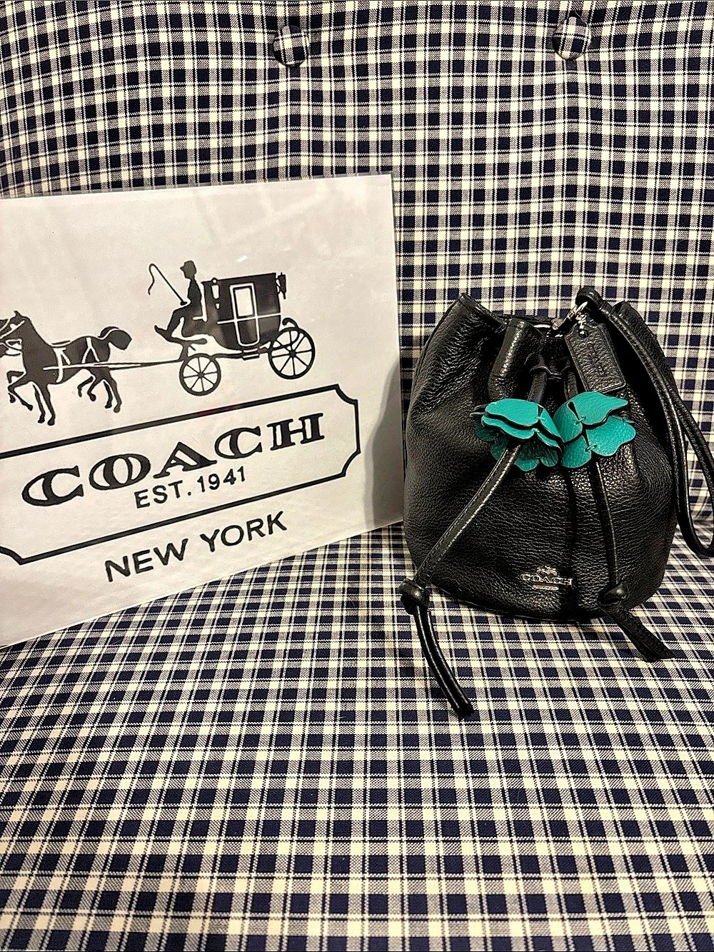 Coach Mini bucket wristlet Bag in Black leather with green petals